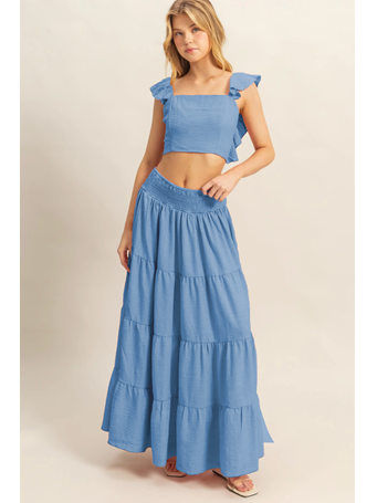 HYFVE - Tiered Maxi Skirt And Smocked Crop Top Set BLUE