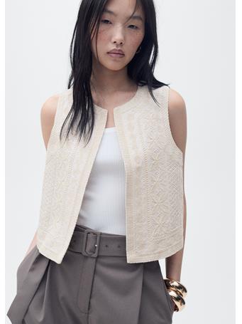 MANGO - Embroidered Linen Waistcoat NATURAL WHITE