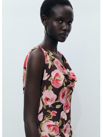 MANGO - Floral Dress With Draped Neck DARK BROWN
