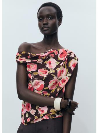 MANGO - Floral Blouse With Asymmetrical Neck DARK BROWN