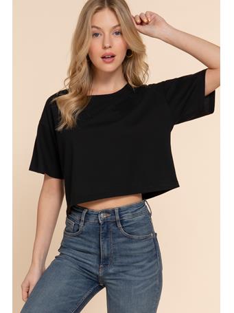 ACTIVE BASIC - Short Sleeve Oversize Crop Cotton Knit Tee BLACK