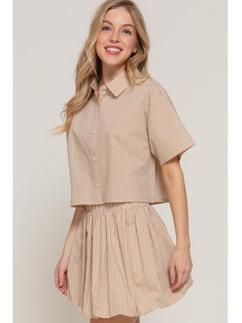 ACTIVE BASIC - Short Sleeve Placket Boxy Shirt TAUPE/WHITE