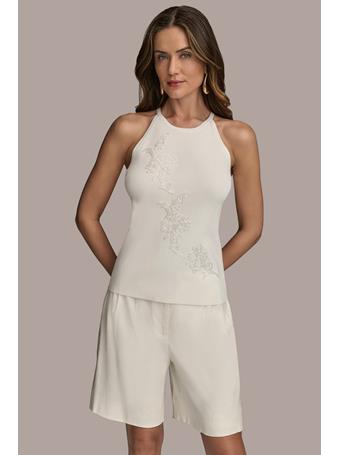 DONNA KARAN - Floral-Embellished Halter Tank CREAM