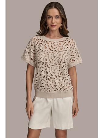 DONNA KARAN - Drop Shoulder Crochet Knit Sweater SAND