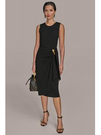 DONNA KARAN - Gathered Embellished Midi Sheath Dress BLACK