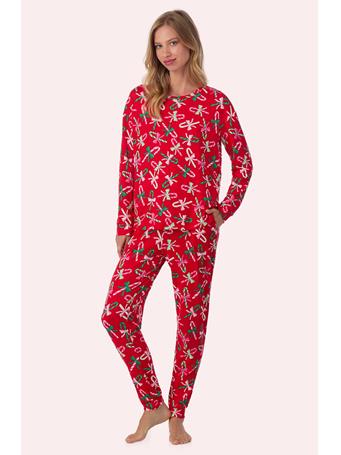 ROOM SERVICE  - Lorena Long Knit Pj Set In Candy Cane Cutie RED PRT