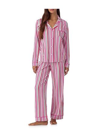 ROOM SERVICE  - Long Sleeve Notch Collar Cozy Jersey Multi Stripe Print Long Holiday Pajama Set MULTISTP