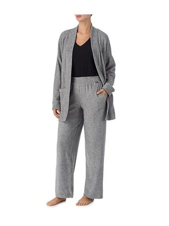 DKNY SLEEPWEAR - Long Sleeve Open Collar Cardigan & Pant Fleece Set LT GREY