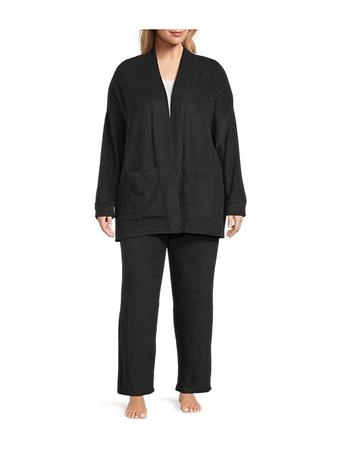 DKNY SLEEPWEAR - Plus Size Long Sleeve Open Collar Cardigan & Pant Fleece Set BLACK