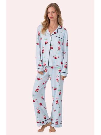 ROOM SERVICE  - Long Sleeve Notch Collar Cozy Jersey Multi Stripe Print Long Holiday Pajama Set BLUE PRT