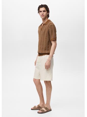MANGO - Striped Openwork Knitted Polo Shirt TABACCO