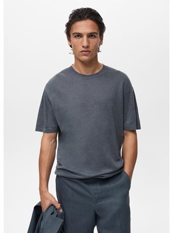 MANGO - 100% Linen T-shirt With Ribbed Trim PETROL