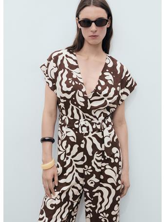 MANGO - Printed Linen Jumpsuit With Belt DARK BROWN