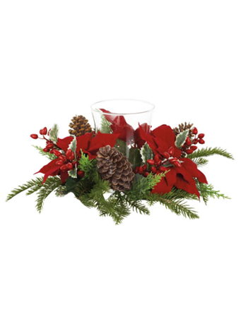 ALL STATE FLORAL - Poinsettia Holly Berry Pine Glass Candle Holder RED