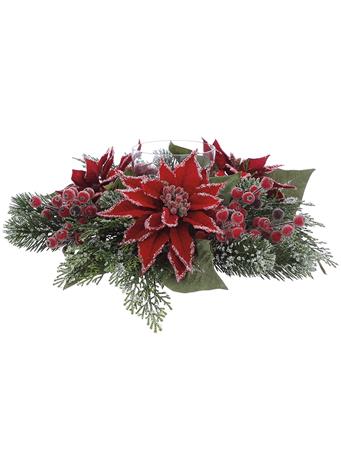 ALL STATE FLORAL - Artificial Iced Poinsettia, Berry & Pine Candle Ring Holder with Glass RED