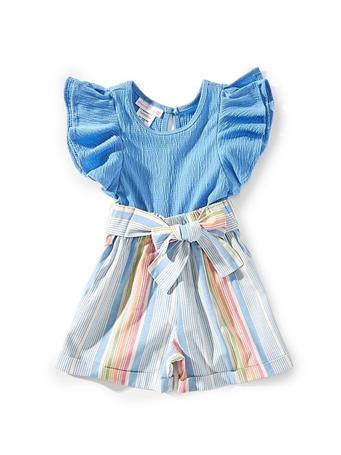 BONNIE JEAN - Little Girls Striped Ruffle Sleeve Tie Front Romper CHAMBRAY