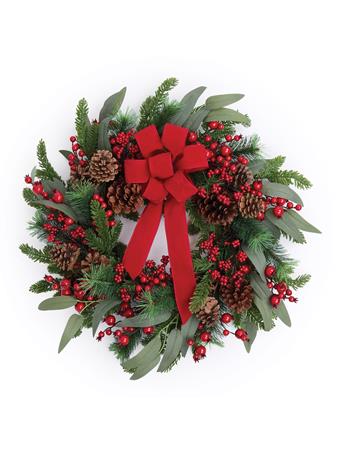 MELROSE INTERNATIONAL - Pine/Berry/Cone Wreath with Ribbon GREEN