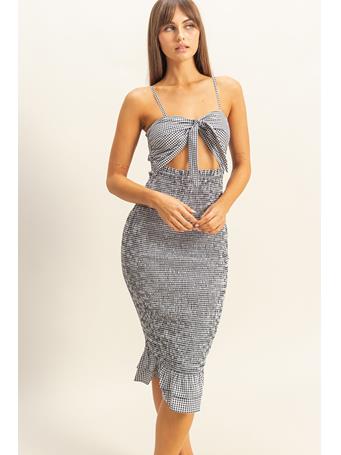 HYFIVE - Gingham Smocked Cutout Midi Dress BLACK