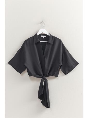 HYFIVE - Drop Shoulder Short Sleeve Tie Front Top BLACK
