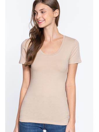 ACTIVE BASIC - Short Sleeve Scoop Neck Cotton Jersey Top COCONUT TAUPE