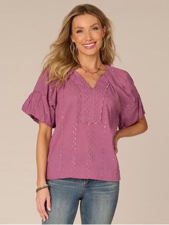 DEMOCRACY - Short Bubble Sleeve Spliced V-Neck Embroidered Woven Top WILD MULBERRY