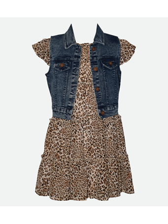 BONNIE JEAN - Sonia Cheetah Print Dress with Denim Vest BROWN