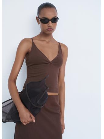 MANGO - V-neck Cotton Top DARK BROWN