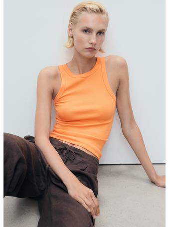 MANGO - Ribbed Cotton-blend Top LT ORANGE