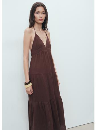 MANGO - V-neck Cotton Dress DARK BROWN
