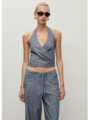 MANGO - Striped Crossover Denim Top MEDIUM BLUE
