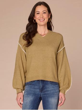 DEMOCRACY - Long Dolman Blouson Sleeve V-Neck Blanket Stitch Embroidered Sweater GINGER/CINDER IVORY
