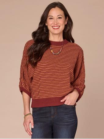 DEMOCRACY - Three Quarter Dolman Sleeve Round Neck Banded Hem Bias Stitch Sweater MAHOGANY RED/CANYON ROCK