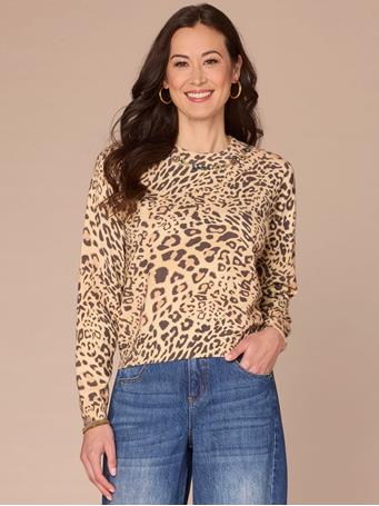 DEMOCRACY - Long Sleeve Round Sequin Embroidered Neck Animal Print Sweater CREME BRULEE/ESPRESSO
