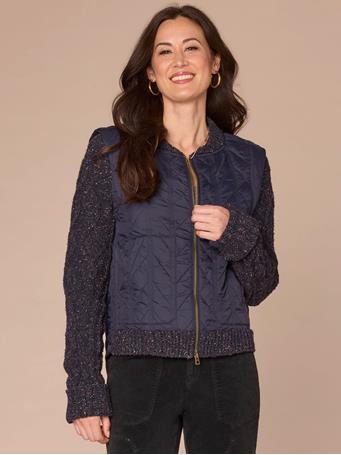 DEMOCRACY - Long Sleeve Stand Collar Zip Front Twofer Quilted Vest Sweater Jacket NAVY