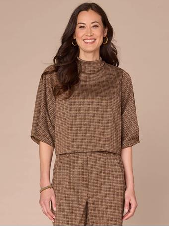 DEMOCRACY - Pleated Elbow Sleeve Mock Neck Crop Hem Knit Top BROWN MULTI