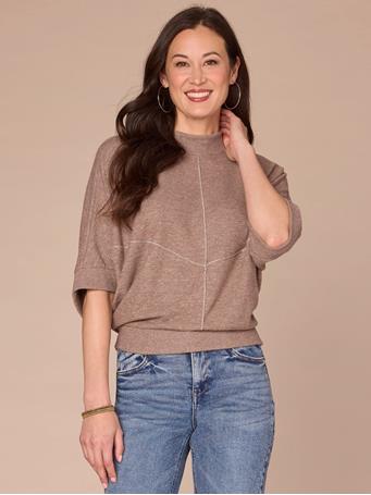 DEMOCRACY - Three Quarter Dolman Sleeve Mock Neck Banded Hem Knit Top HEATHER BROWN