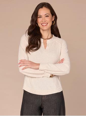 DEMOCRACY - Long Blouson Sleeve Mandarin Collar Half Placket Mixed Media Knit Top HEATHER CREAM