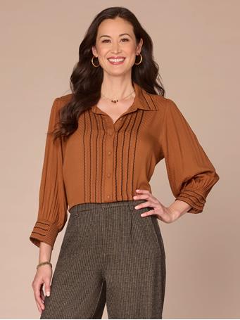 DEMOCRACY - Three Quarter Sleeve Collared Button Down Scallop Edge Woven Shirt PECAN/BLACK