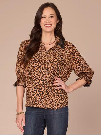 DEMOCRACY - Lantern Sleeve Crochet Collar Button Down Printed Woven Shirt BISCOTTI/BLACK