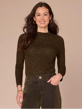 DEMOCRACY - Long Sleeve Mock Neck Asymmetrical Side Ruching Animal Print Knit Top OLIVE