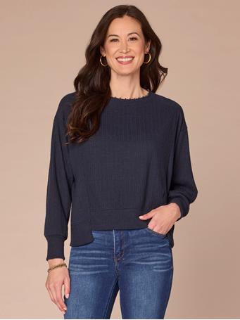DEMOCRACY - Long Sleeve Scoop Neck Embroidered Pearl Detail Mixed Media Knit Top HEATHER CARBON BLUE