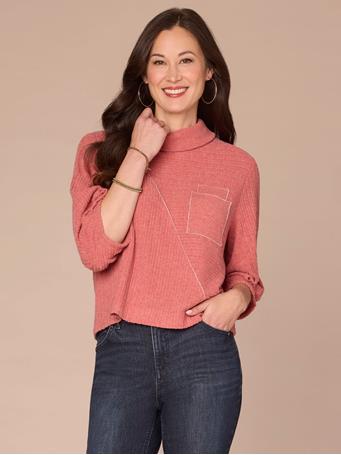 DEMOCRACY - Pleated Elbow Sleeve Mock Neck Lurex Seaming Double Pocket Knit Top HEATHER BAKED APPLE