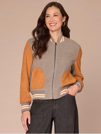 DEMOCRACY - Long Sleeve Stand Collar Round Patch Pocket Mixed Media Woven Jacket HEATHER GREY PUMPKIN MULTI