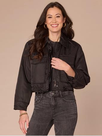 DEMOCRACY - Long Sleeve Oversized Patch Pocket Cropped Reversible Woven Jacket BLACK/GREY