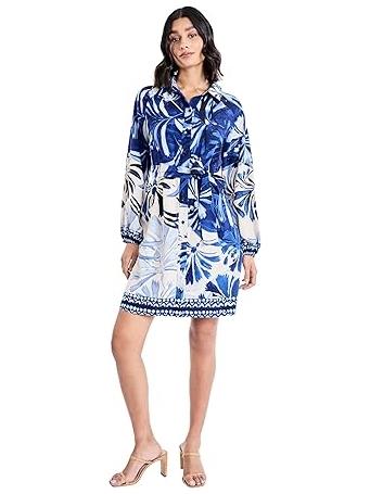 MAGGY LONDON - Women's Long Sleeve Collared Shirt Dress CREAM/BLUE