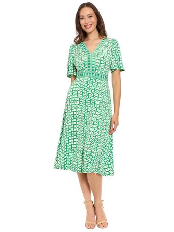 LONDON TIMES - Rosemead Geometric Fit & Flare Knee Length Dress GREEN/IVRY