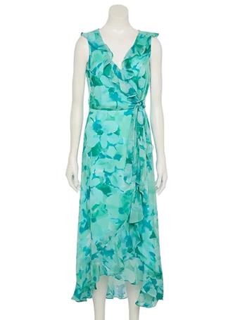 LONDON TIMES - Side Tie Ruffle Wrap Floral Chiffon Maxi Dress SOFT WHT/ LT PECTRUM AQUA