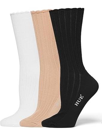 HUE - Scalloped Pointelle Sock - 3 Pair Pack BLK/WHT