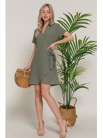ACTIVE BASIC - Button Down Side Bow Linen Effect Mini Dress Olive