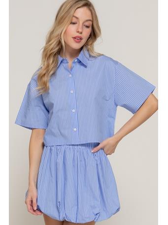 ACTIVE BASIC - Short Sleeve Placket Boxy Shirt BLUE/WHITE